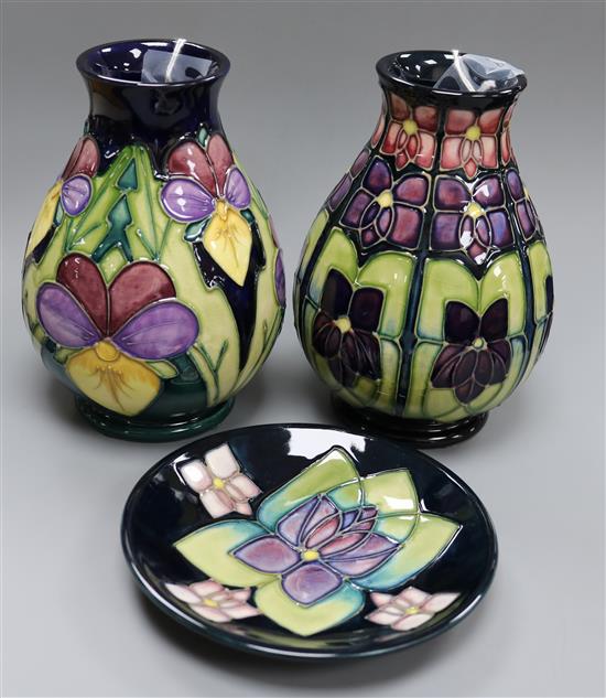 A Moorcroft Heartsease pattern vase, 1994, H 14cm a Large Violets pattern vase and a similar pin dish